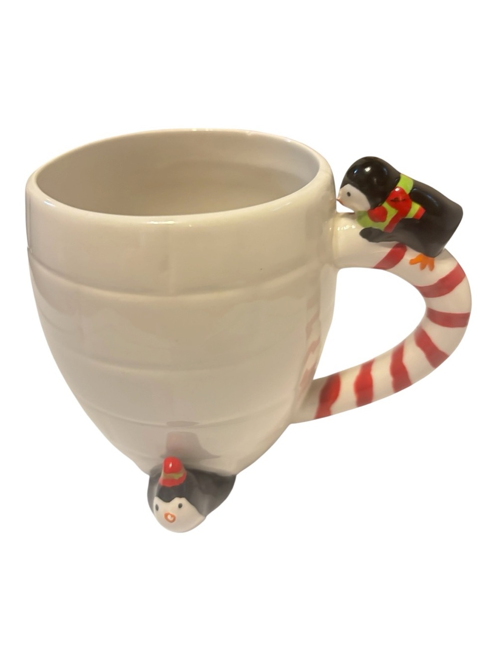 Pier 1 White Ceramic mug with Penguins and Red-Striped Handle- great condition